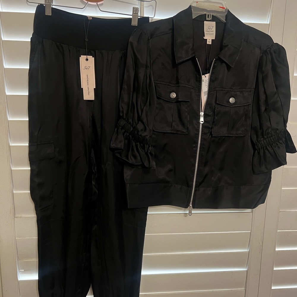 Cinq a Sept ( 5 a 7 ) brand two piece black satin jogger  set